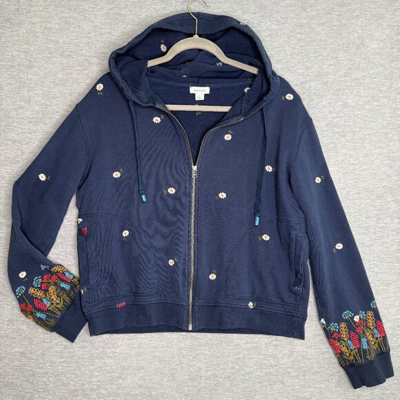 Sundance Sweaters - Sundance Size Large Navy Embroidered Floral Zip Hoodie Boho Cotton